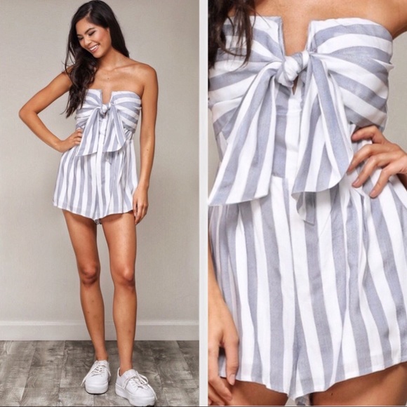 Striped Front Tie Romper, White + Denim - Picture 2 of 6